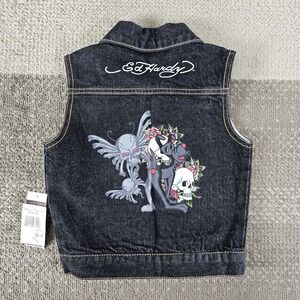 Ed‎ Hardy Grunge Dog Skull Butterfly Black Denim Vest Boys Size 24 Months